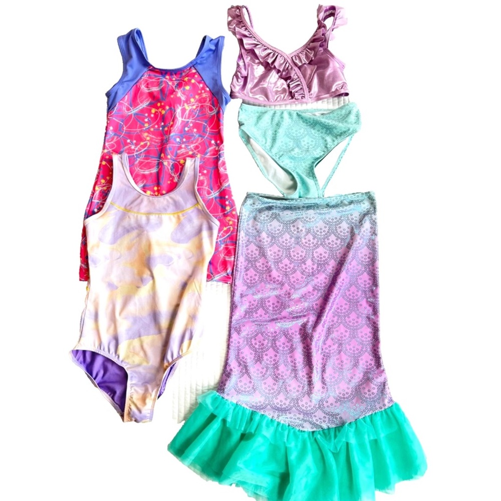 Girls Gymnastics Dance Leotards LOT/5  Swim Bikini Set Cat Jack Disney SZ 10/12
